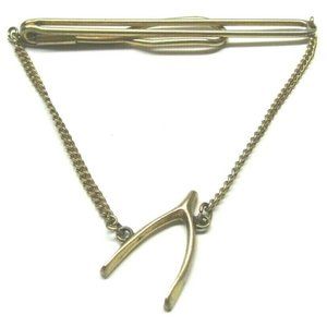 Swank Tie Clip Wishbone Luck Pendant Chain Gold Mens Formal Wear